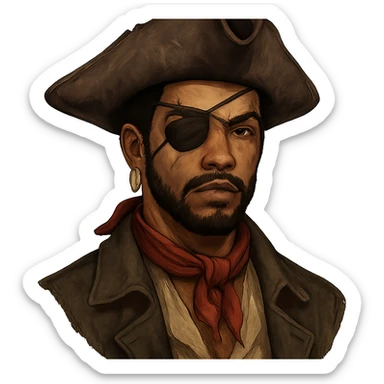 lightskin African American pirate with a scar, an eye patch on the right eye, an eyebrow slit, and a small curly black afro sticker