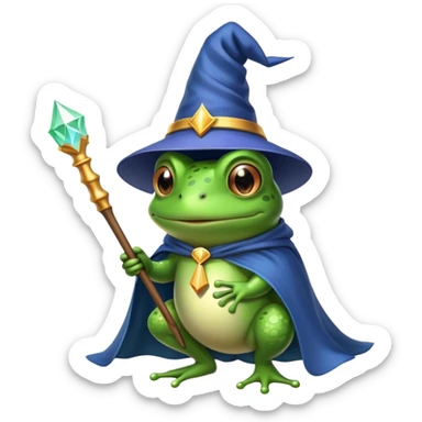 frog wearing a wizard hat and holding a wand wearing a cape sticker