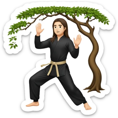 pratiquant de qi gong, homme aux cheveux long, en position de l'arbre, en tenue noire ou blanche. L'image ne contiendra pas d'arbre sticker