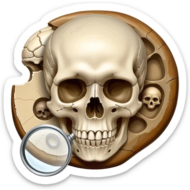 An icon featuring a human skull and fossils, representing anthropology. The design includes a magnifying glass and a map of ancient human migration paths, symbolizing the study of human evolution and cultures. Transparent background highlights the scientific exploration of humanity’s past. sticker