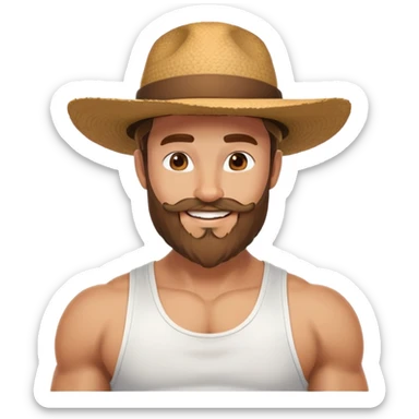 Muscular man with mid-long hair wearing a hat, big beard, smiling, white tank top sticker