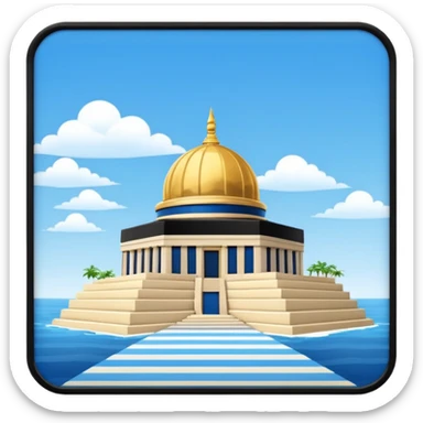 epstein island cubic temple with blue horizontal stipes on the side and a goldon dome on top sticker