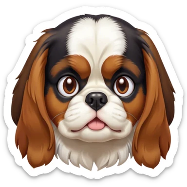 Cinematic Grumpy Tri-Colour Cavalier King Charles Spaniel Portrait Emoji, Head tilted slightly with a deeply unimpressed expression, thick tri-colour fur with pronounced black, white, and tan markings, large, droopy brown eyes narrowed into an unamused glare, ears slightly drooping in exasperation, Simplified yet comically expressive features, highly detailed, glowing with a dry, sarcastic glow, high shine, effortlessly judgmental yet dignified, stylized with a touch of cynicism, bright but brooding, soft glowing outline, capturing the essence of an eternally unimpressed yet endearing companion, so lifelike it feels like it could sigh heavily at you in disdain at any moment! sticker