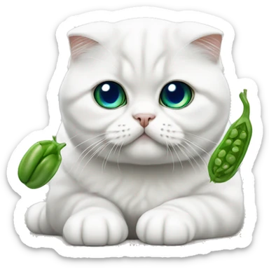 White Scottish fold with blue eyes with a green bean sticker