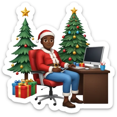 Informaticien homme noir full-body, week-end détente, assis à son bureau moderne avec ordinateur affichant du code.. À côté de lui, le Père Noël souriant, sapin illuminé et cadeaux autour. sticker