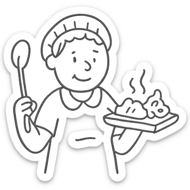 hand-drawn outlined icon of a lunch lady holding a ladle and a tray of gross food sticker