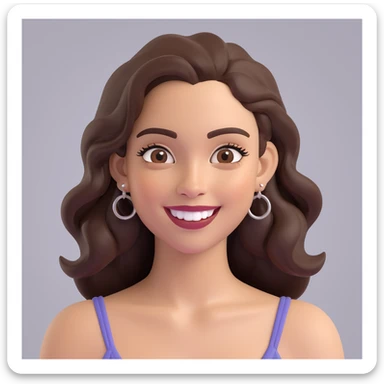 3D cartoon avatar in Memoji style young woman with light skin, cheerful smile, large almond-shaped dark eyes, thick curved eyebrows, long deep brown hair parted in the middle chin-length waves, silver hoop nose ring and earring on viewer's right, muted brown gradient background soft even lighting sticker