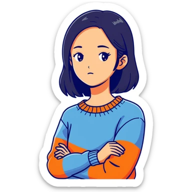 a girl with dark hair and a bluish sweater sticker