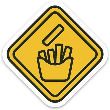 yellow warning road sign, a single french fry being dropped into a bag containing a few other fries, flat color style sticker