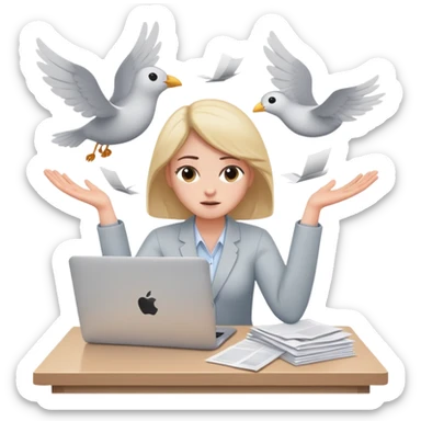 tired woman sitting at a desk with a MacBook, holding her arms out to the side, surrounded by flying papers sticker