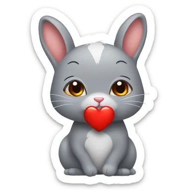 A female grey bunny who gives a red heart to a male brown cat sticker