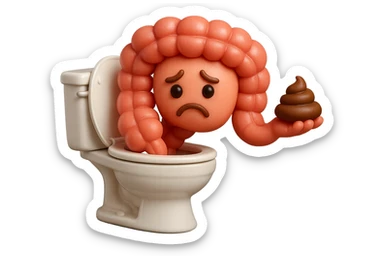 emoji stile iphone di un intestino realistico 3d che esce dal wc con in mano una montagnetta di feci con espressione triste a palline, iperrealistico 4k sticker