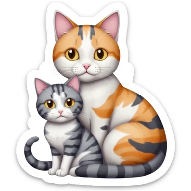 full body colourful light patched calico + white tabby cat cuddling a bigger cat that is dark grey and white tabby cat  and they are in love sticker