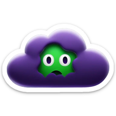 CISO that is worried about cyberattacks in purple/green branding.  A dark, ominous cloud looms over a building symbolizing Koos's organization. Digital numbers and codes float around the cloud, representing the threat of cyberattacks. sticker