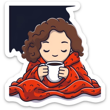 White girl with curly brunette hair inside a blanket sipping coffee with eyes closed, cozy winter morning sticker