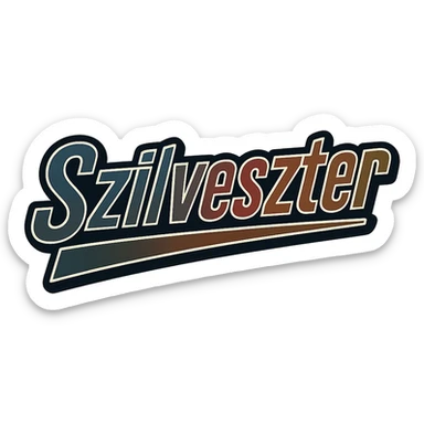 Szilveszter name in masculine, modern, gradient font with precise Hungarian characters, dark outline, extra thick, prominent white letter frame as in sample images, dynamic slanted underline, masculine color shades (blue, gray, burgundy, green, brown), 1000x1000 px, PNG, transparent background sticker
