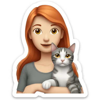 Red haired girl holding 1 grey tabby cat and 1 grey and white cat sticker