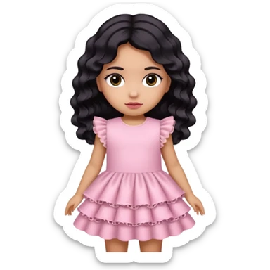 Una niña con un vestido rosa pastel con volados y encajes con cabello negro medio ondulado y dos moños como accesorio de cabello. ojos negros  sticker