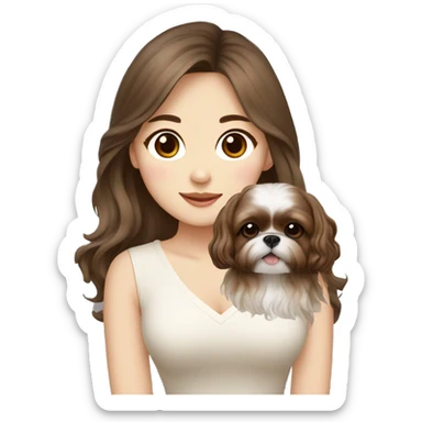 long brown wavy hair korean girl with cream and brown colored shih tzu sticker