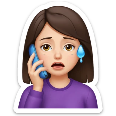 generate a brunette girl crying while taljking on a mobile phone sticker