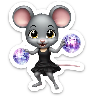 A cute girl mouse wearing a short black dress dancing under a disco ball sticker