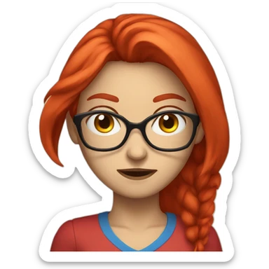 female with long bright red hair and glasses angry with blue eyes and red shirt sticker
