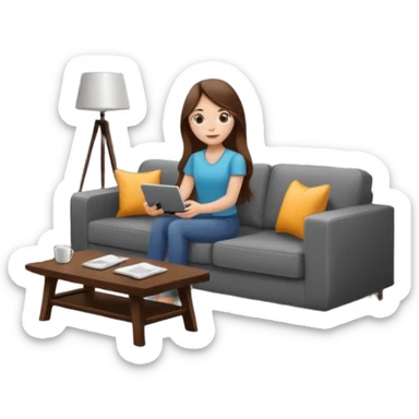 beautiful girl with long brown hair constructing new lounge room area with flat screen tv and couch sticker