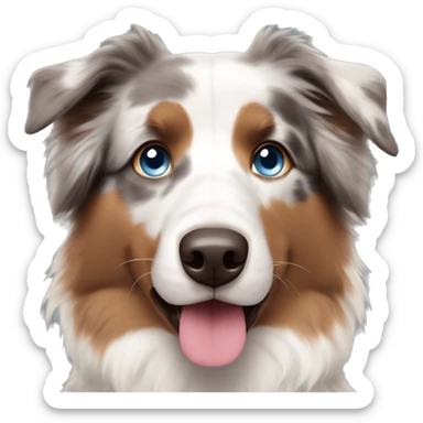 australian shepherd dog with blue eyes, a pink and brown nose, and a white and brown colored fur sticker