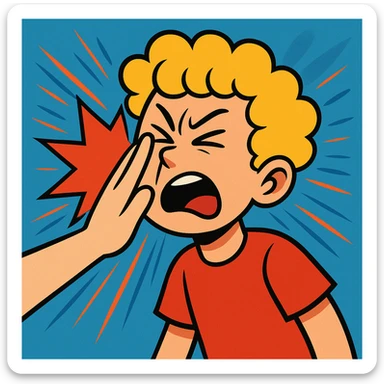 a blond white boy with curls getting slapped in the face, expressive cartoon style, dynamic motion lines, vibrant toon style sticker