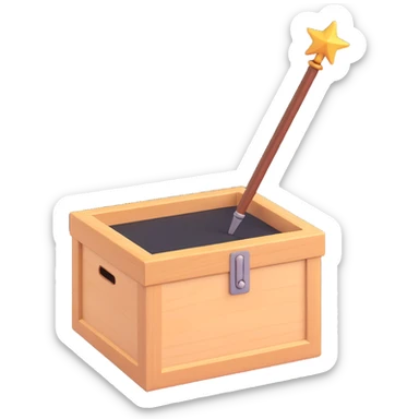 a 3D emoji style icon of a wooden box with a magic wand on top sticker