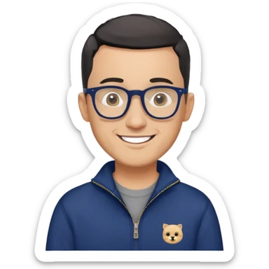 Light-skinned man with very short black hair (shorter buzz cut), short graying beard, big black glasses frames, happy smile, navy blue zip-up sweatshirt with long sleeves sticker