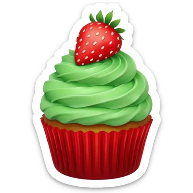 cupcake with green frosting and a strawberry on top sticker