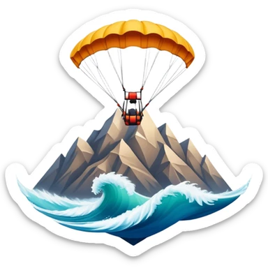 A bold emblem featuring a combination of symbols representing various extreme sports, like a mountain peak, a parachute, and a wave. The design is dynamic and sharp, capturing the thrill and adventure of extreme sports, with a strong, energetic vibe. sticker