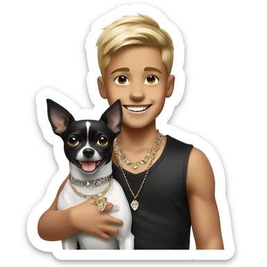 smiling boy with jewelry indoors and black & white chihuahua dog sticker
