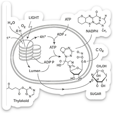 highly scientific, detailed, and labeled illustration of photosynthesis with molecular detail, showing ATP, NADPH, and all relevant molecules, no background, transparent sticker