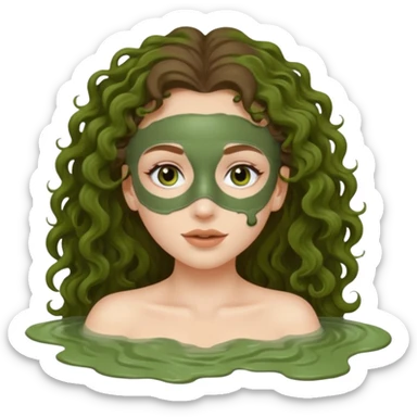 pale white girl with long brown curly hair green spa mud mask sticker