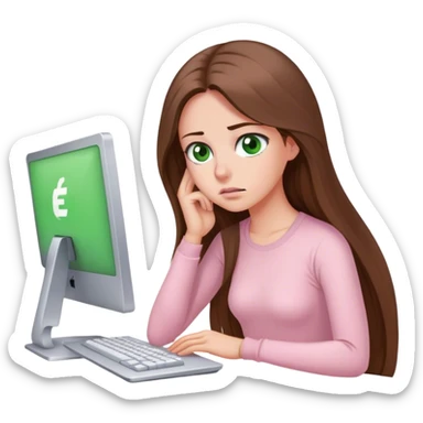 pretty woman with very long brown hair and green eyes and light pink outfit tired working on a computer sticker