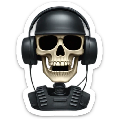 Military Skeleton mask with a long black mask underneath it and headset with a microphone sticker