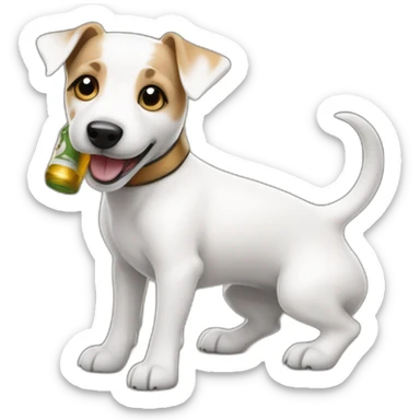 White jack russell terrier wagging his tail and drinking a beer sticker