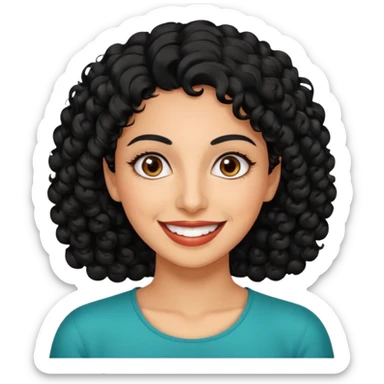 30 year old iranian woman very short curly black hair, big brown eyes, tanned skin, big smile, white teeth, pretty sticker