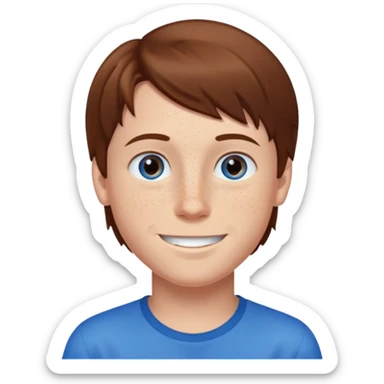 Boy standing with brown straight hair blue eyes and freckles sticker