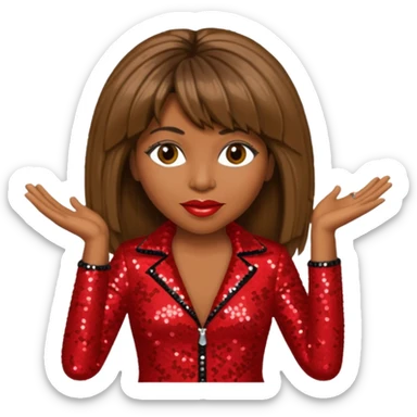 Tina Turner with long brown straight hair, red sequin outfit sticker