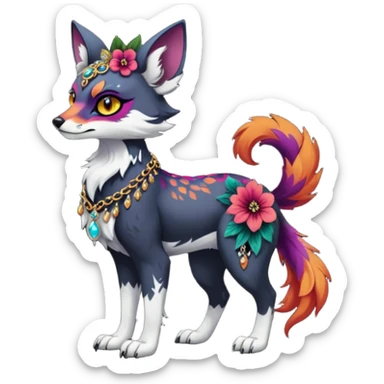 Multicolored dark edgy spooky hot badass realistic floral exotic Falvie-Fionbri-animal, full body, wearing jewelries sticker