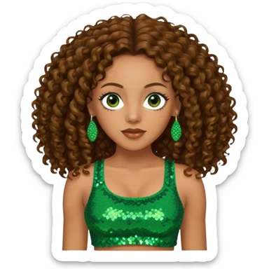 Melanie Brown with long brown curly hair, green sequin crop top, dark brown eye sticker