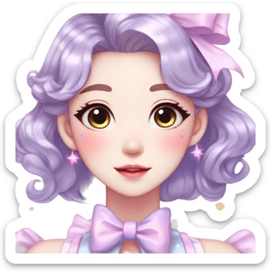 Gorgeous pastel anime style lady with blushing face with sparkly bow tie  cottagecore fairycore pastelcore shiny colorful pearly petite simplistic aesthetic trending style sticker