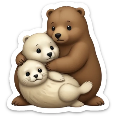 small white seal hugging a big brown bear sticker