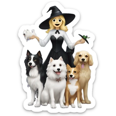 A wicked witch but not really wicked flying on a bloom with her pack of dogs following her.  One white dog, one curly and blond and one black with a white tuxedo  sticker