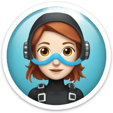 A young woman with red/ brown hair, blue eyes and pale skin in scuba diving gear with a light blue mask  sticker