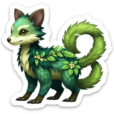 Sharp swampy realistic mossy grassy elemental ivy floral detailed Colorful translucent luminescent glowing Trico-Sergal-Furret-Ferret-Wolverine-Vernid-furry-fursona-fusion-Fakemon-animal-hybrid-creature, full body sticker