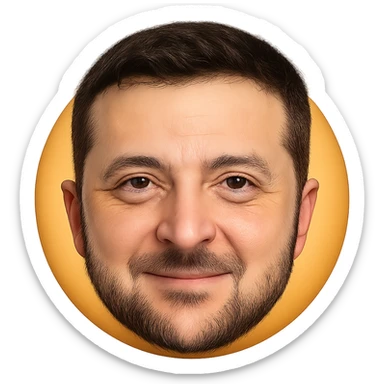 portrait of Vladimir Zelensky as a round face emoji with highly detailed and accurate facial features, realistic hair and beard, expressive eyes, friendly expression, high quality sticker
